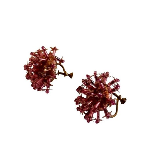 Vintage Screw Back Earrings Sequin and Bead Pink and Gold Cork 1" - Picture 2 of 10